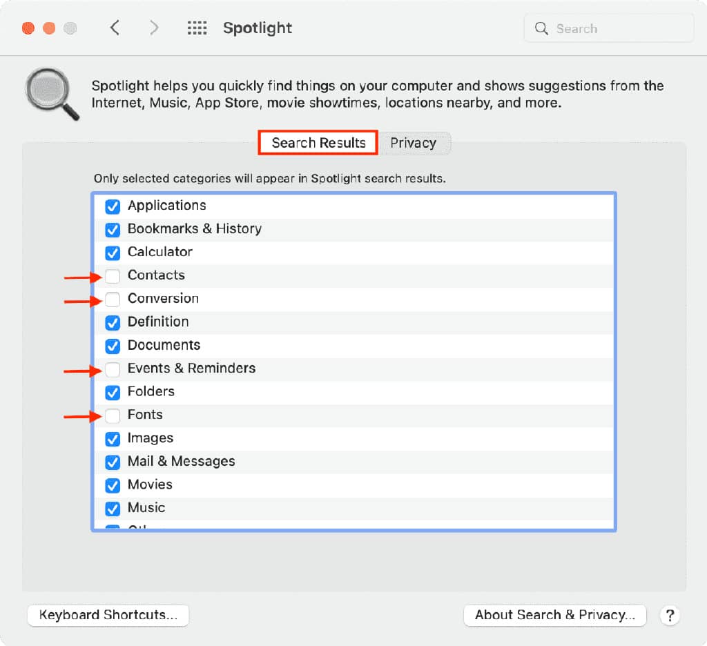 如何在Mac上的Spotlight搜索结果中排除特定文件、文件夹、磁盘和类别？-第3张图片-嘻嘻笔记