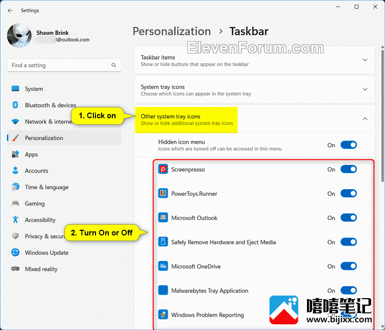  在 Windows 11 的任务栏角落溢出菜单中隐藏或显示系统托盘图标-第6张图片-嘻嘻笔记